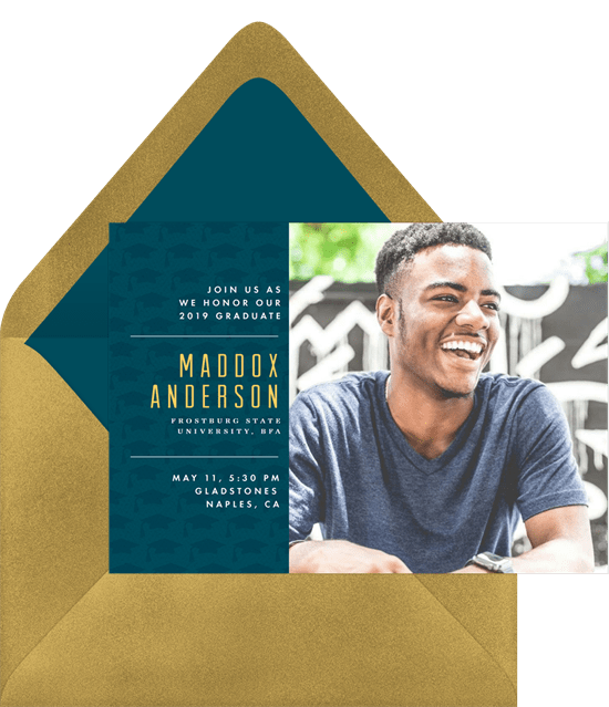 A navy and gold graduation invitation with a photograph