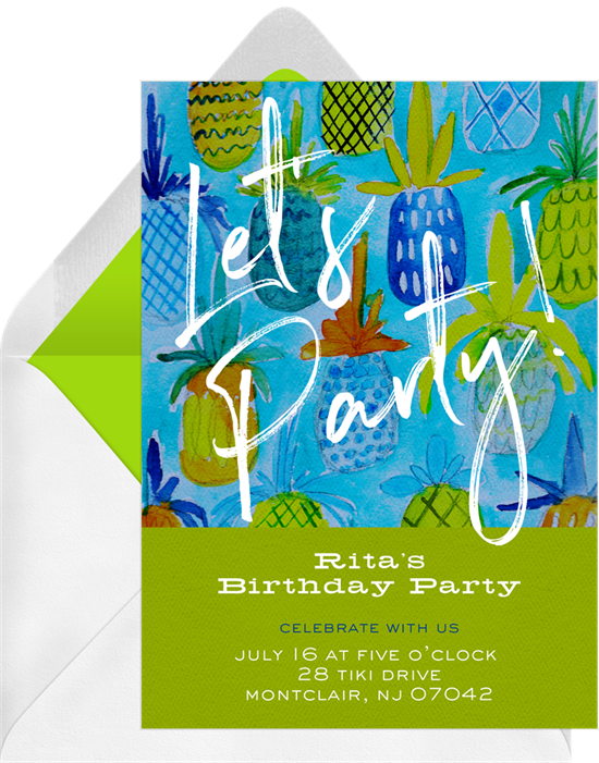 Pool party invitations: the Peppy Pineapple Party invitation design from Greenvelope
