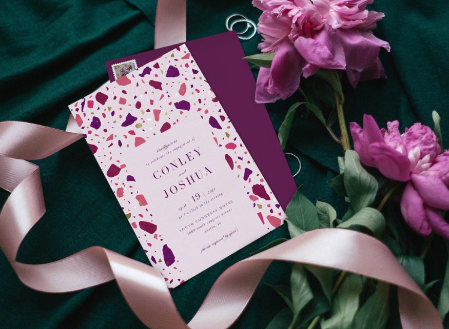 engagement party invitation wording: pink and purple themed invitation