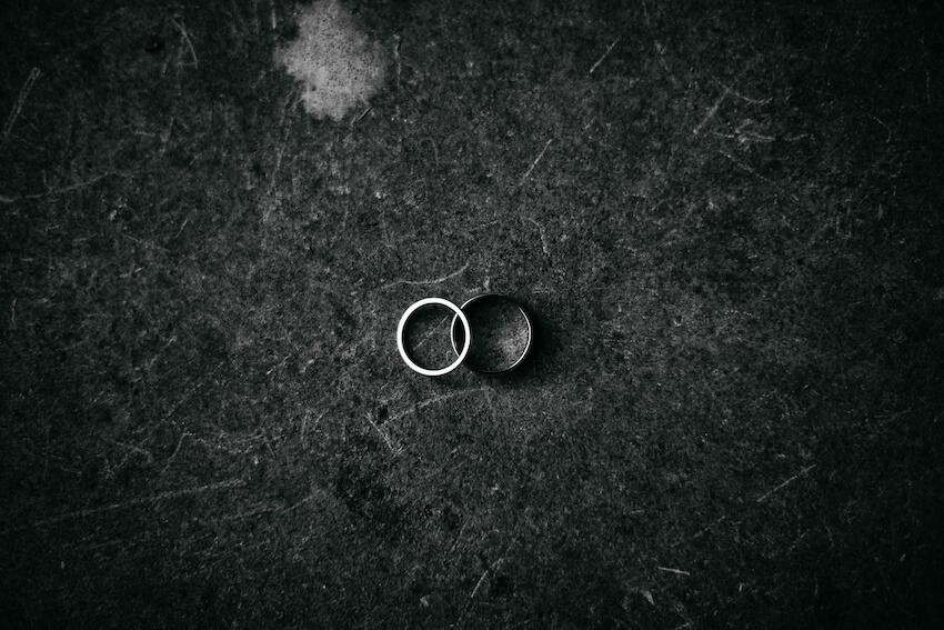 All black wedding: portrait of wedding rings