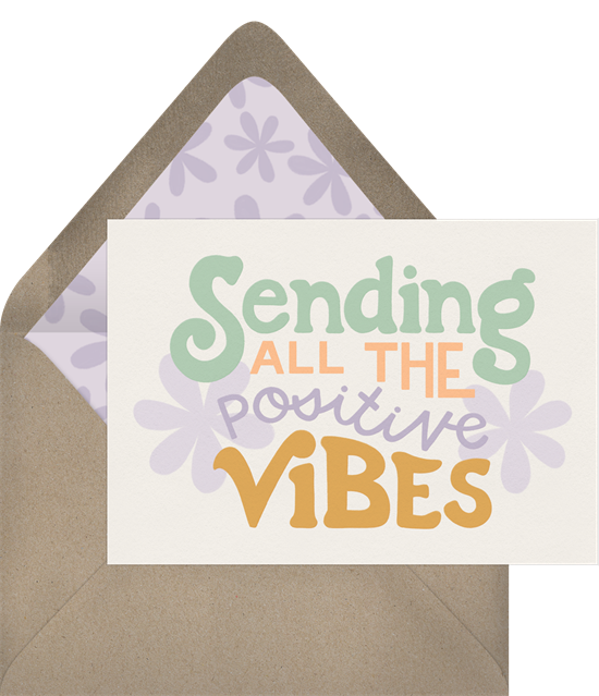 Thinking of you cards that read "Sending all the positive vibes"