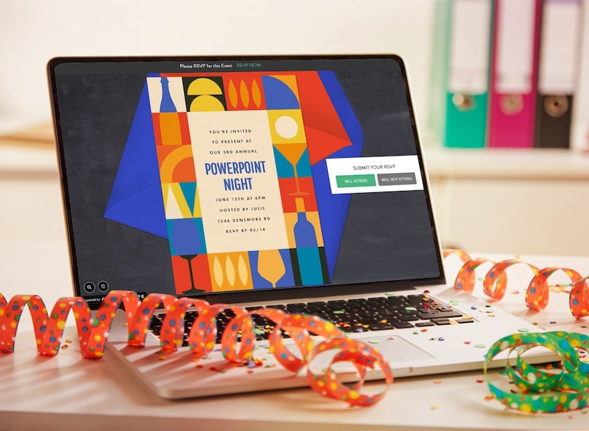 PowerPoint party ideas: party invitation on a laptop screen