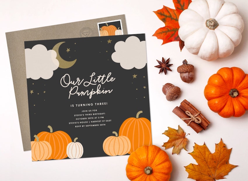 Pumpkin baby shower invitations and 3 whole pumpkins