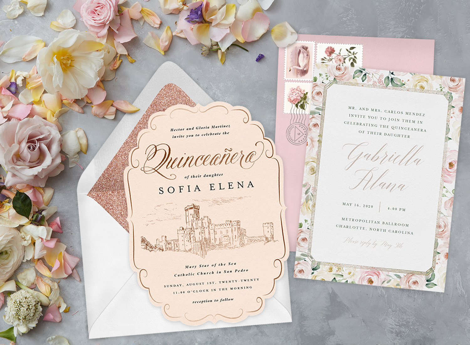 Two quinceañera invitations with envelopes, surrounded by fresh flowers