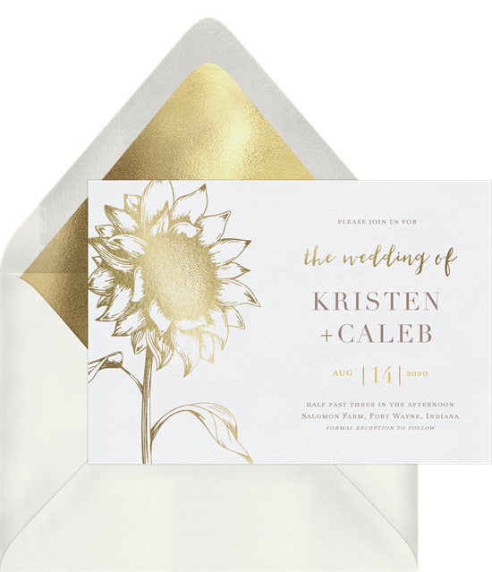 Digital wedding invitations featuring a gold-foil sunflower