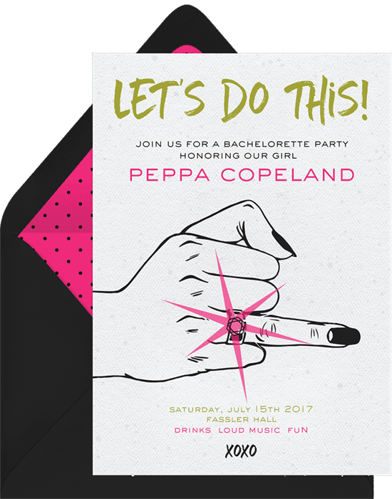 Bachelorette party ideas: An invitation with a graphic of a hand showing the ring finger