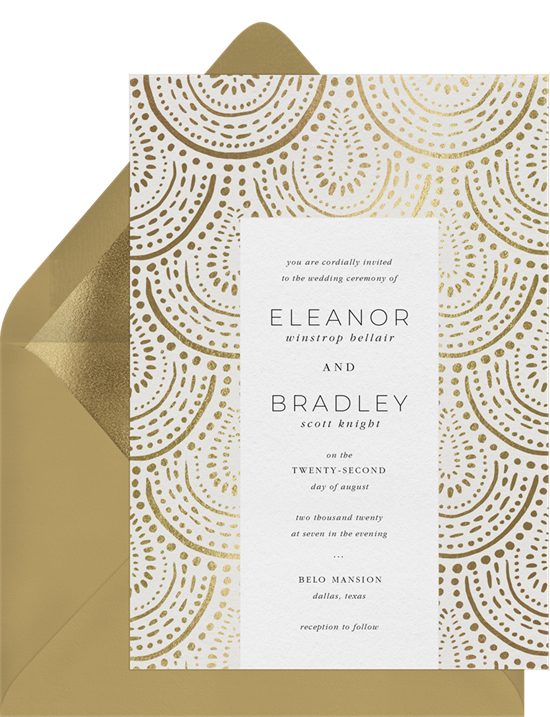 Gold foil digital wedding invitations with a scalloped design