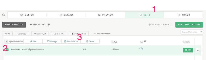 Screenshot on how to send a virtual gift card on Greenvelope