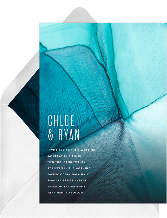 Abstract, modern wedding invitation examples with a backdrop inspired by sea glass