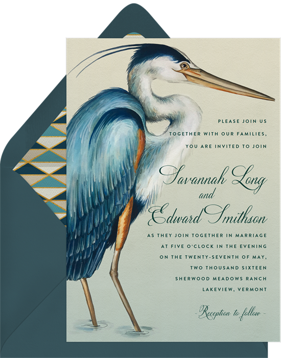 Beach wedding invitations: the Serene Heron invitation design from Greenvelope