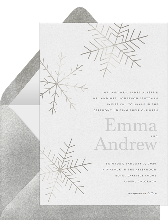 Winter wedding invitation examples with silver snowflakes on a white background