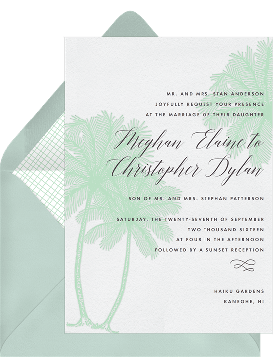 tropical party: simple, green palm tree themed invitation