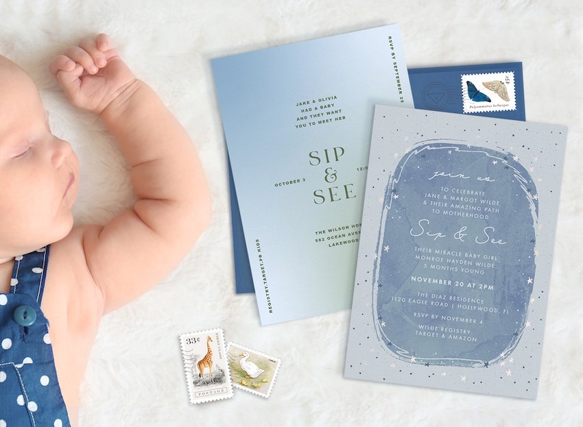 Sip and see party invitation cards and a baby sleeping