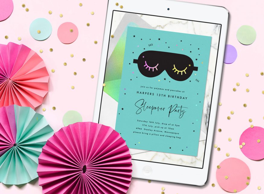 sleepover invitations: sleepover party invitation from Greenvelope displayed on a tablet