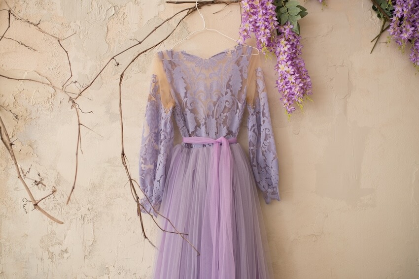 Soft lilac-toned wedding dress