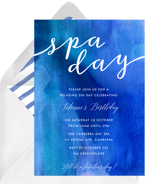 Blue watercolor spa day birthday invitations online