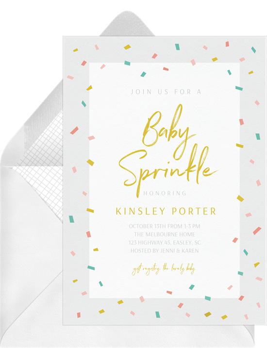Online baby shower invitations with a border of sprinkle confetti