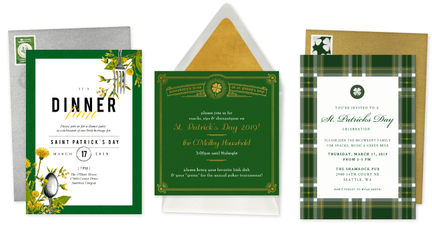 trio of three classy St. Patrick's Day party invitations