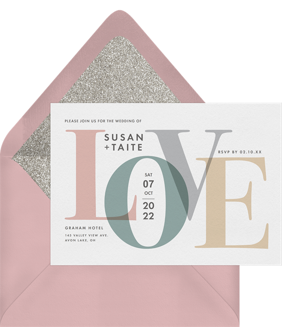 Modern digital wedding invitations with LOVE printed in bold letter and a glitter envelope liner