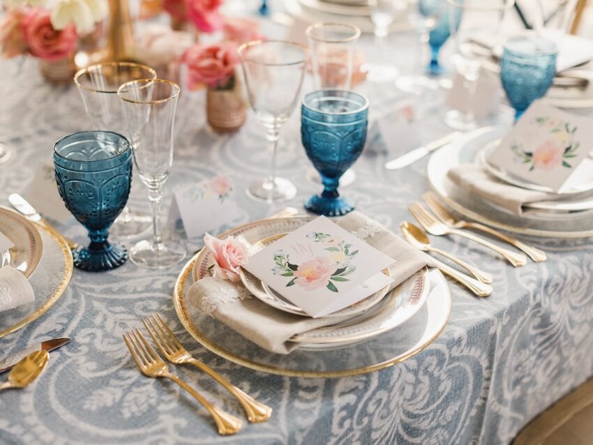 Wedding color palette: table setting at a wedding reception