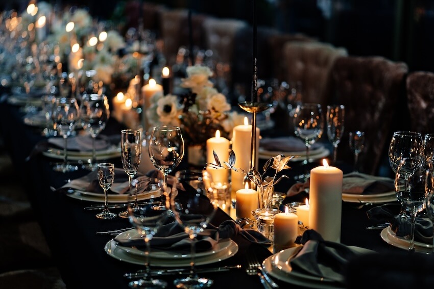 Formal wedding invitations: table setting with candles