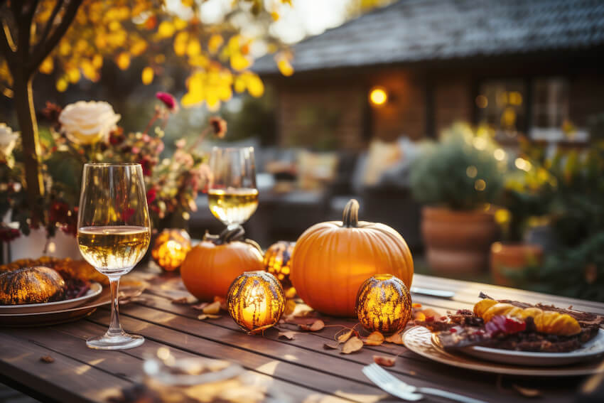 Pumpkin baby shower: table setting with pumpkins and 2 glasses of wine