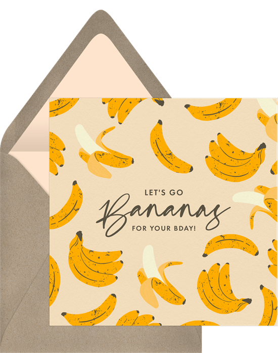 A modern illustrated birthday card featuring dozens of a mod bananas. The text in the middle of the card reads, "Let's go bananas for your bday!"