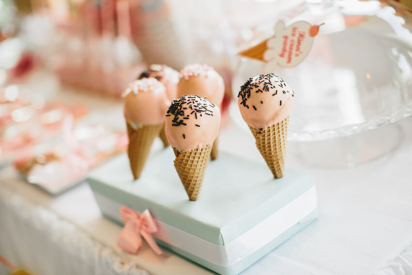 Ice cream birthday party: tiny cones with scoops of ice cream