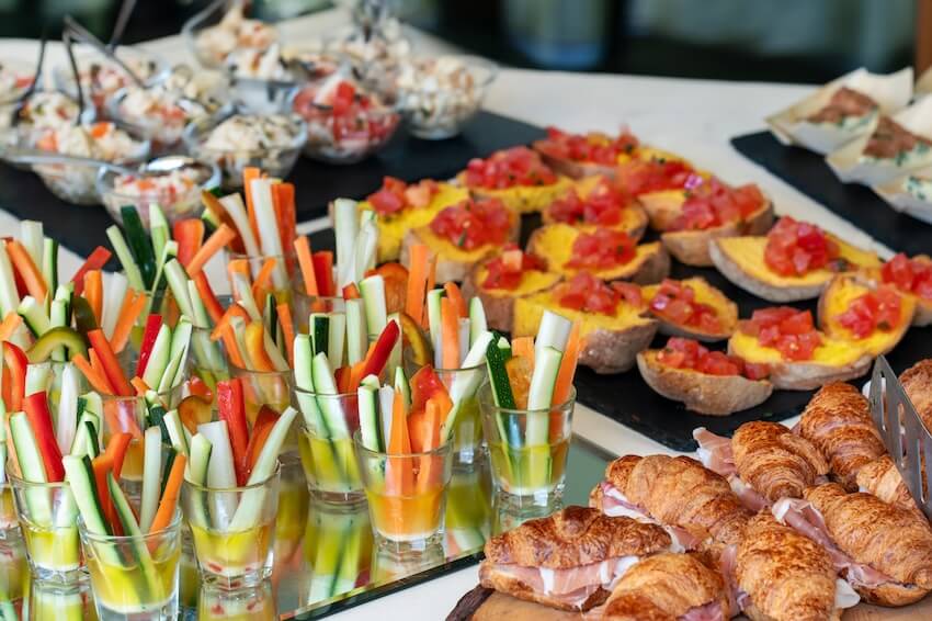 Easy party foods: variety of appetizers and finger food on a table