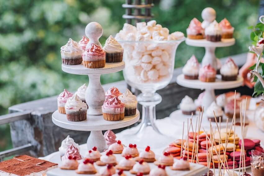 Alternatives to wedding cake: various desserts on a table