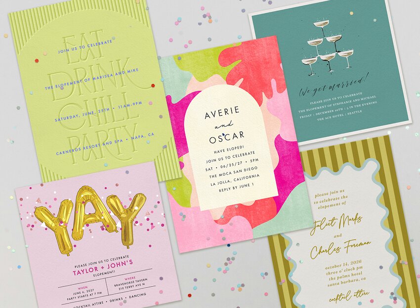 Five elopement party invitations with colorful confetti on a table