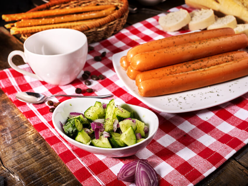 Farm themed birthday party: various food on a table