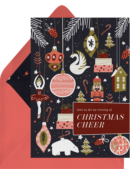 A Christmas party invitation with illustrated ornaments on a black background
