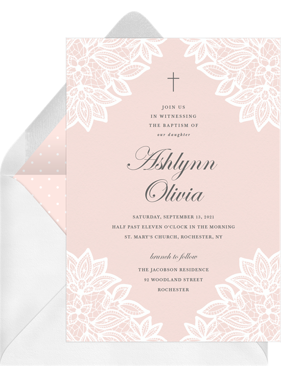 Vintage Lace Corners baptism invitations from Greenvelope