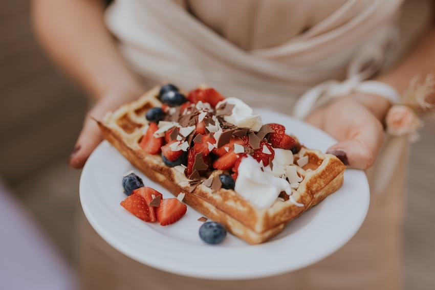 Waffle with fruits and chocolates