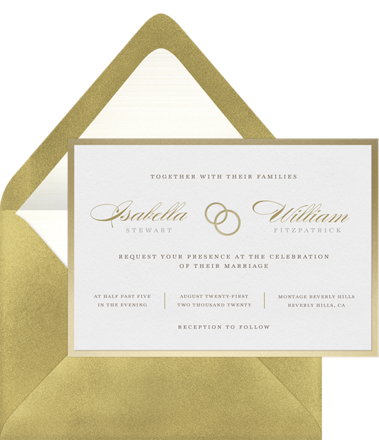 Classic wedding invitation examples with a gold-foil border, lettering, and wedding bands illustration