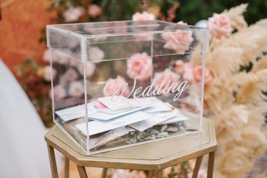 Wedding cards in a glass box