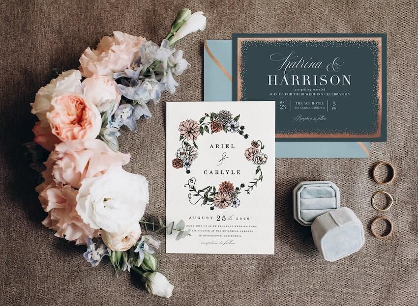 Fairy wedding: wedding invitations, flowers, and wedding rings
