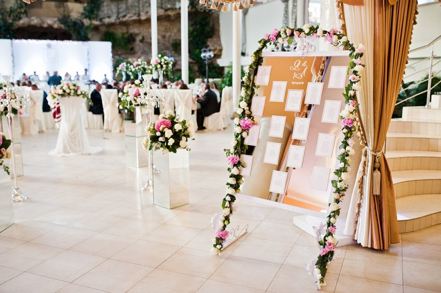 wedding reception with cocktail tables