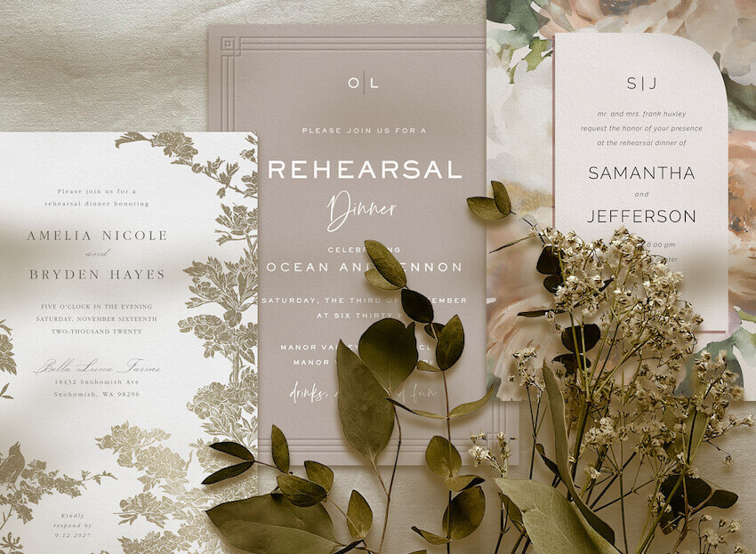 Wedding rehearsal dinner invitations and some flowers