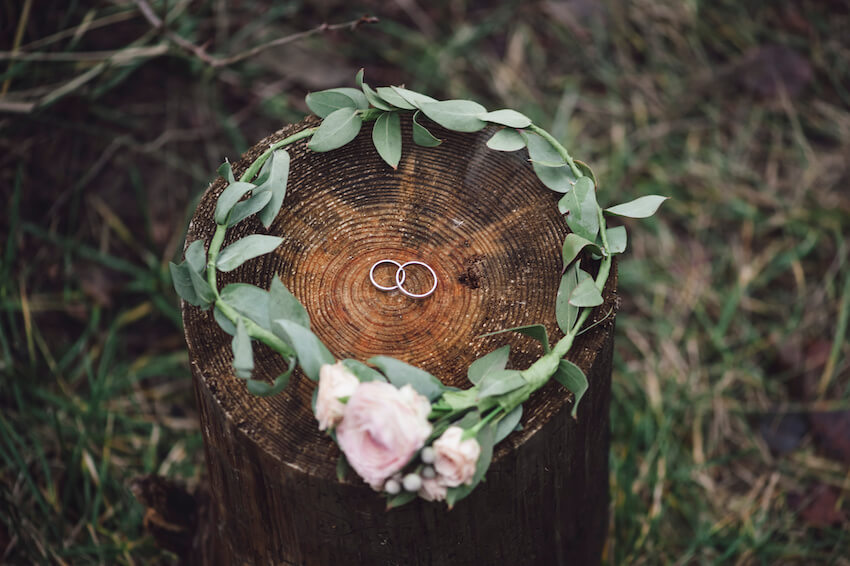 Farm wedding: wedding rings on a wooden stump