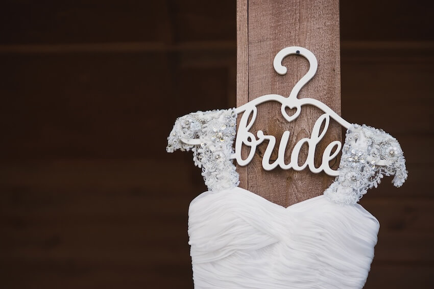 White wedding dress on a hanger