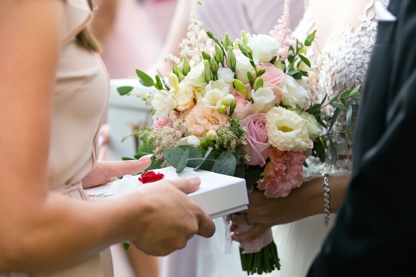 Woman giving a gift to a bride