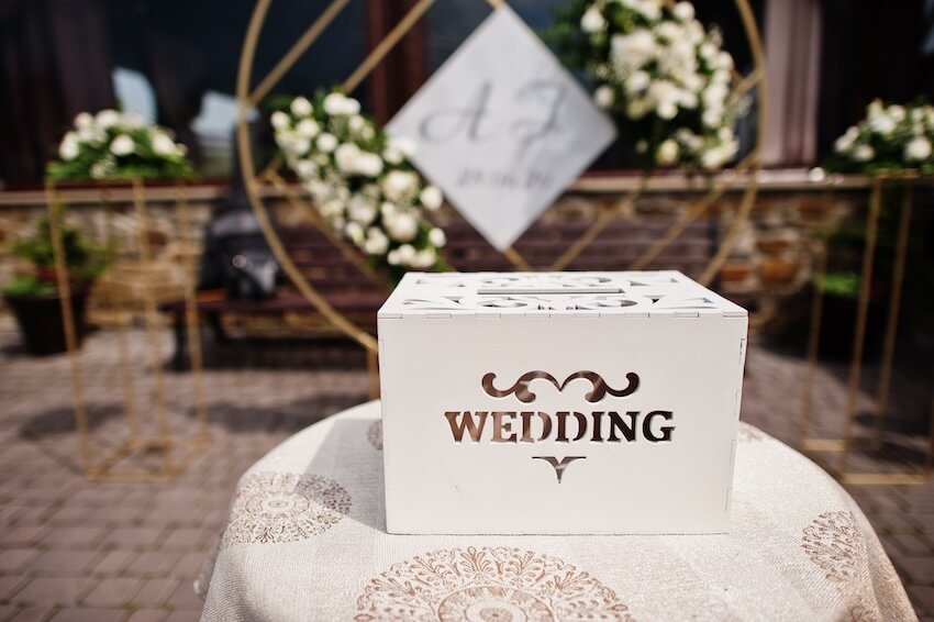 What to write in wedding card: wooden wedding box on a table