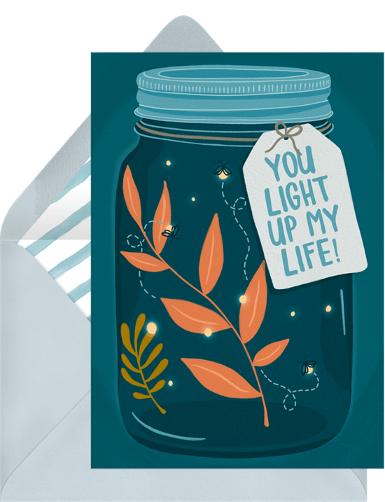 You Light Up My Life Valentine's Card from Greenvelope featuring fireflies in a mason jar sparkling amongst leaves