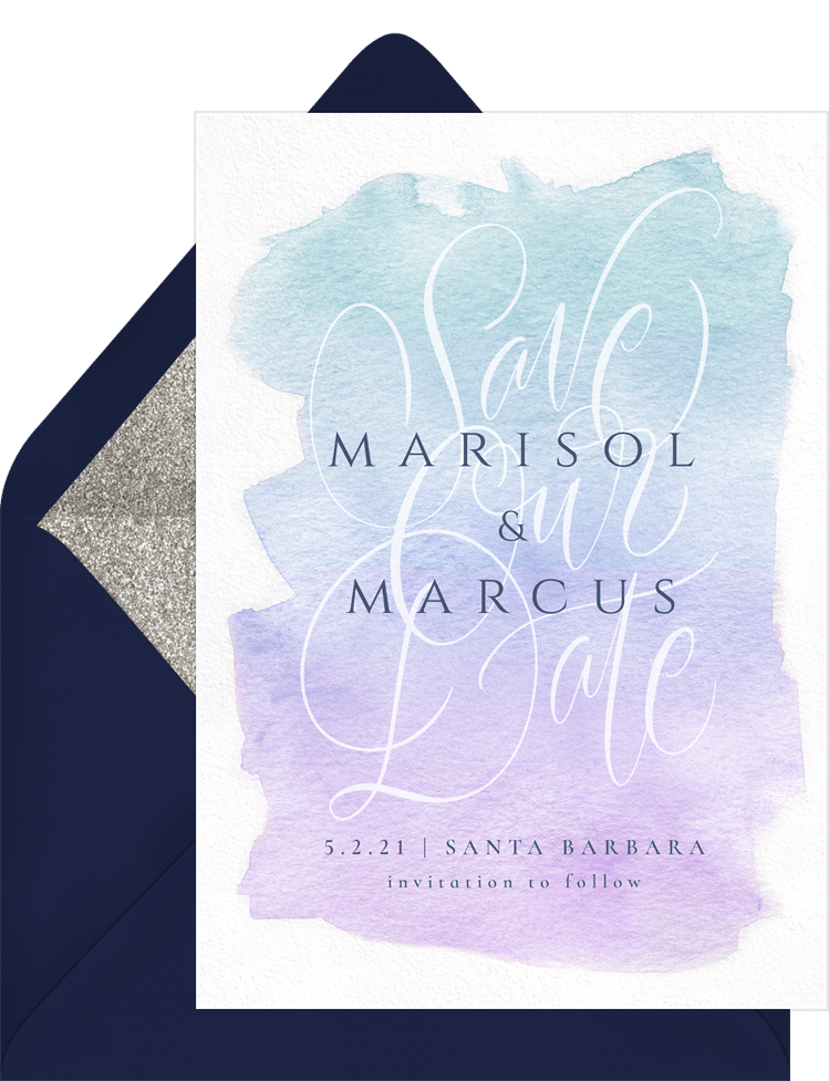 Ombre Watercolor Wash Save The Dates In Purple Greenvelope Com