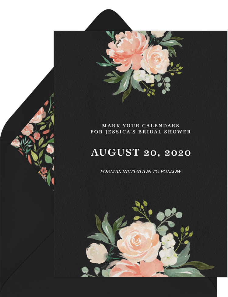Modern Save The Dates Peach Blooms Black Bridal Shower