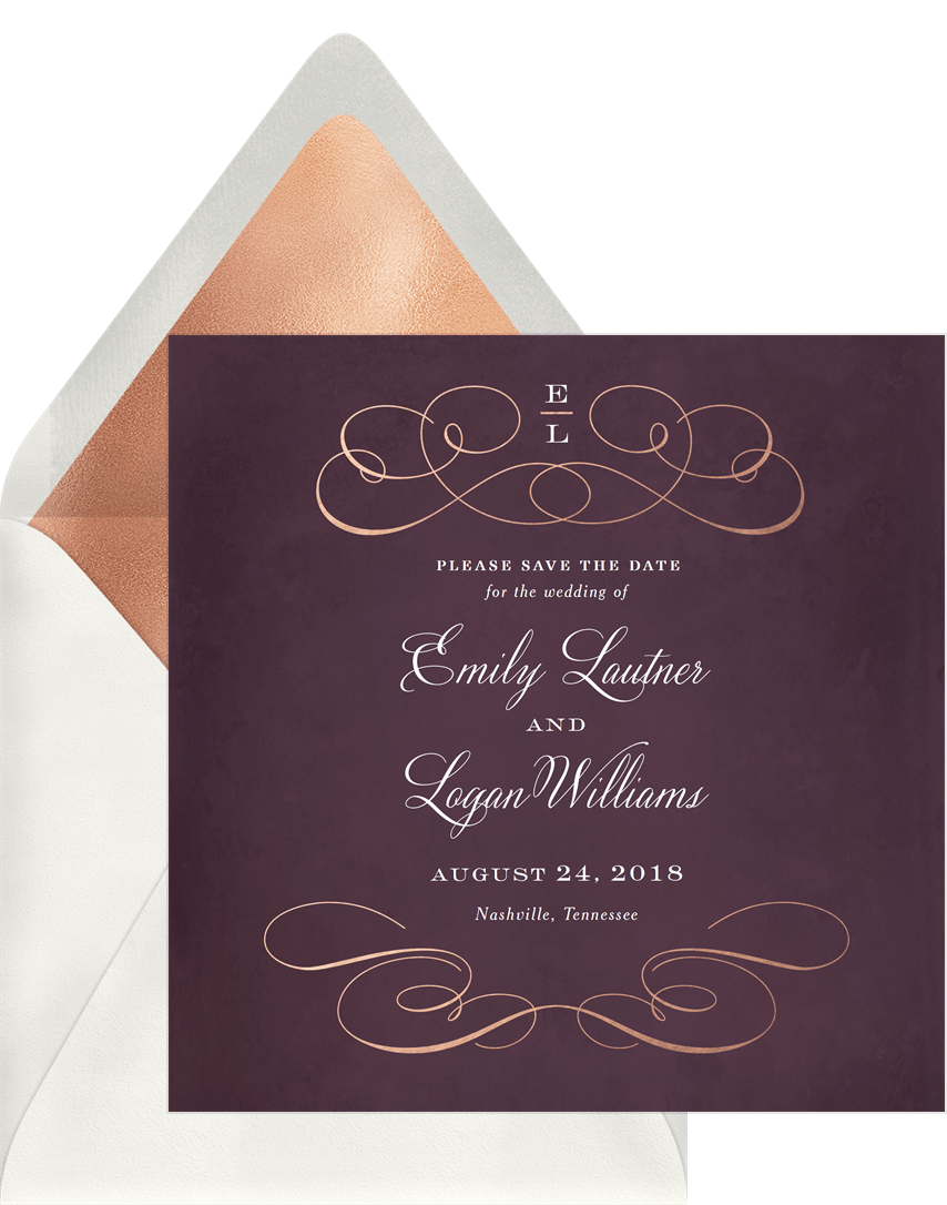 Rose Gold Flourish Save The Dates In Purple Greenvelope Com