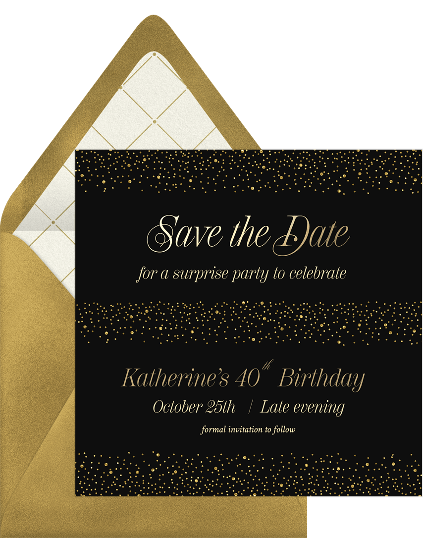 Shimmery Surprise Save The Dates In Black Greenvelope Com