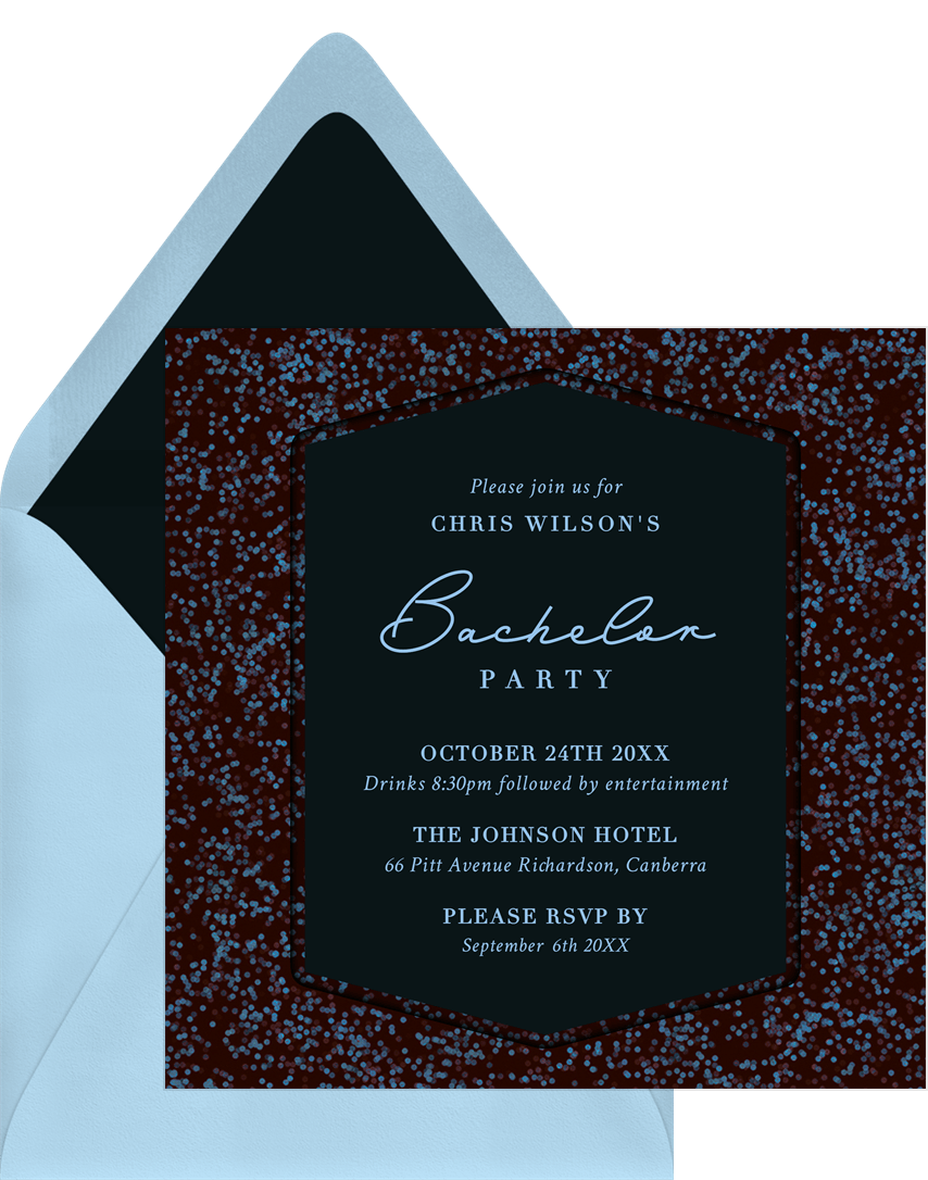 Rustic Invitations Speckled Bokeh Blue Bachelor Party | Greenvelope.com